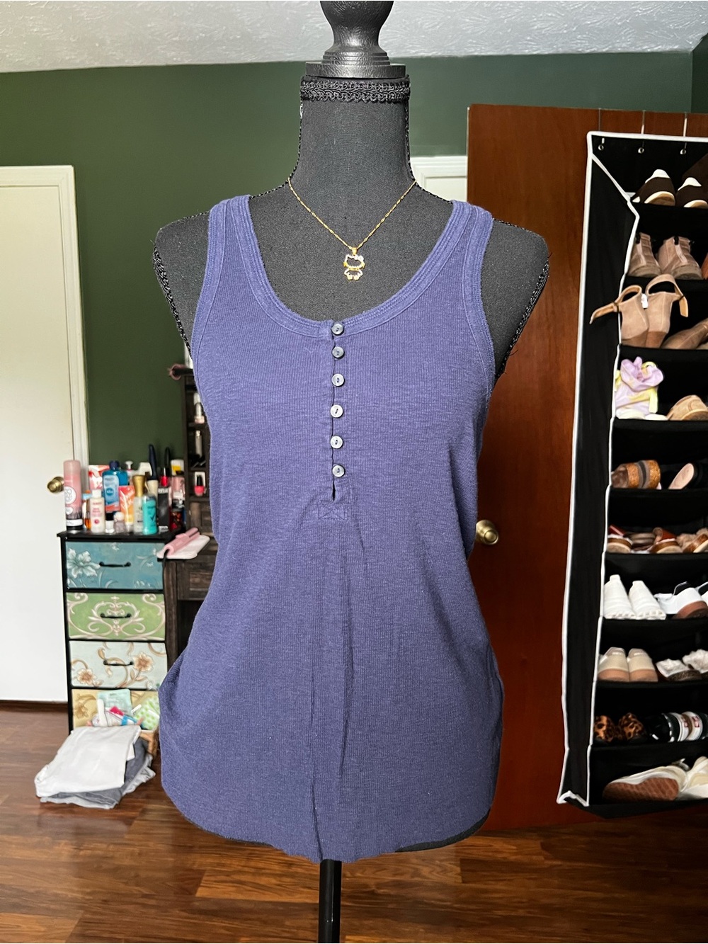 aerie Navy Ribbed Henley Button-Front Tank